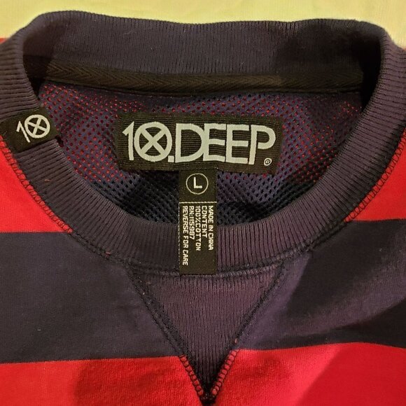 10 Deep Striped Crewneck Sweatshirt Mesh Lining Kangaroo Pocket Men's Large - Picture 9 of 12